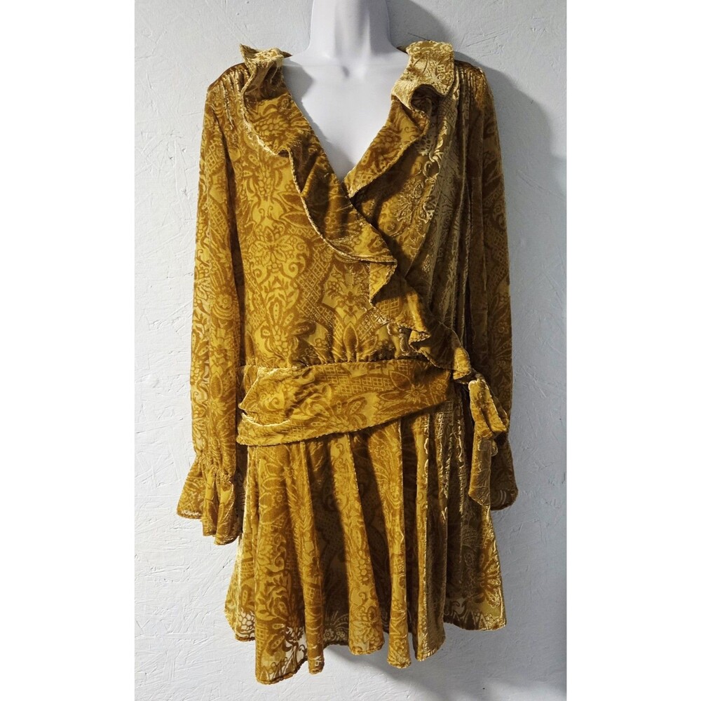Anthropologie Mustard Yellow Burned Velvet Drop Waist Dress - 10